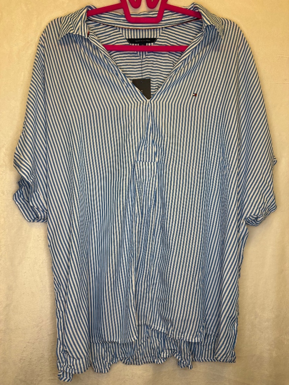 Tommy Hilfiger Blue White Striped Blouse XXL Oversized Button Front Shirt Plus